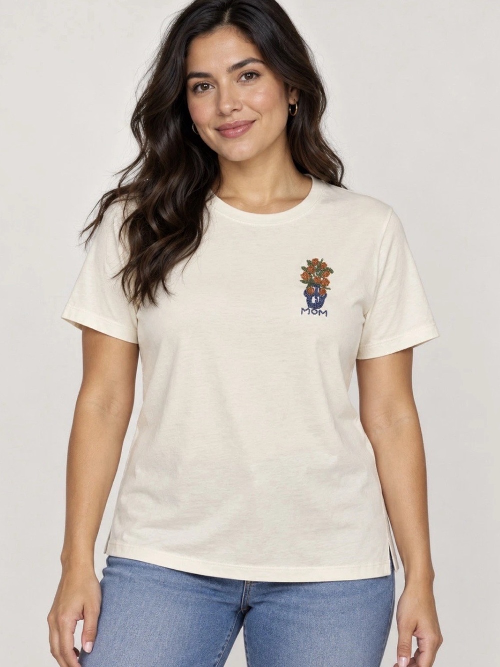 Denim & Co. Natural 100% Cotton MOM Floral Beaded Tee Women’s Size: M - A726082